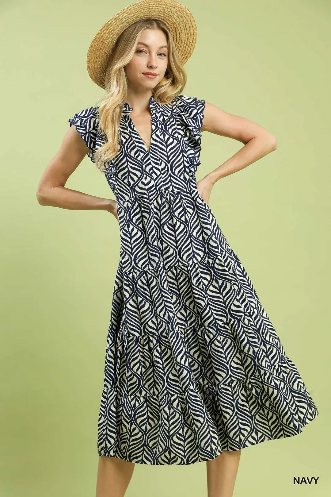 Navy Leaf Print Tiered Midi Dress – Available in Plus Size!