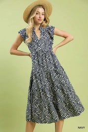 Navy Leaf Print Tiered Midi Dress – Available in Plus Size!