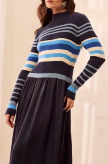 A dress with a striped knit top in shades of blue and a flowy dark skirt.