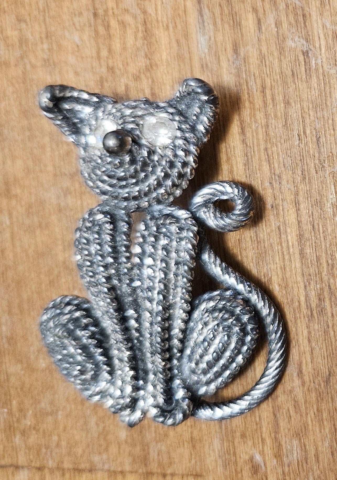 Vintage Cat Brooch with Rhinestone Eyes