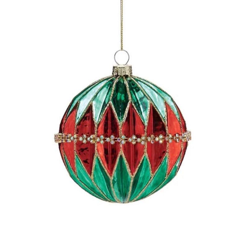 Vintage Inspired round pleated red and green ornament - Hand Painted