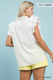White Textured Ruffle Sleeve V-Neck Blouse - Plus Size Available