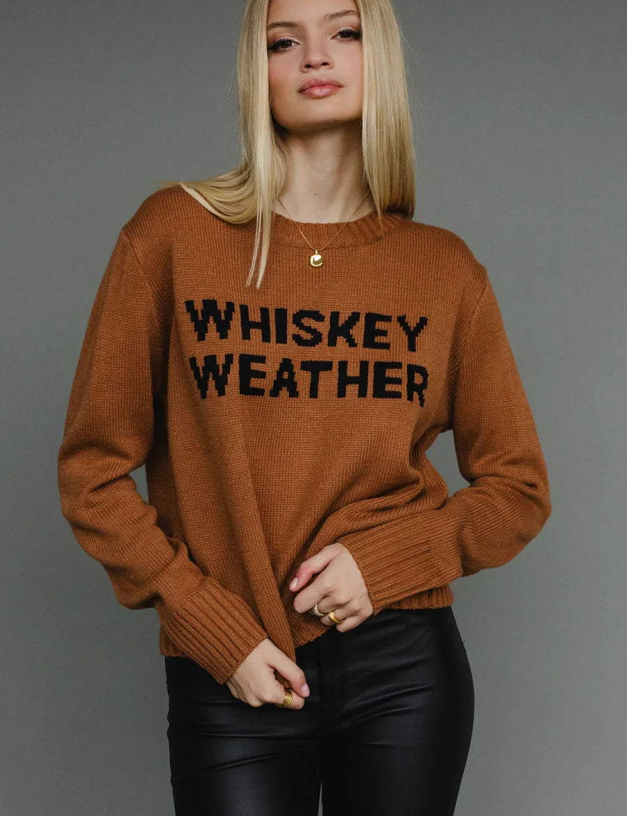 Whiskey Weather Knitted Sweater by Panache – Cozy caramel knit fall pullover with black lettering, relaxed fit | JSQ Mercantile – Women’s Boutique & Gift Shop in La Grange, IL