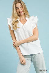 White Textured Ruffle Sleeve V-Neck Blouse - Plus Size Available