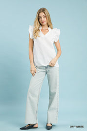 White Textured Ruffle Sleeve V-Neck Blouse - Plus Size Available