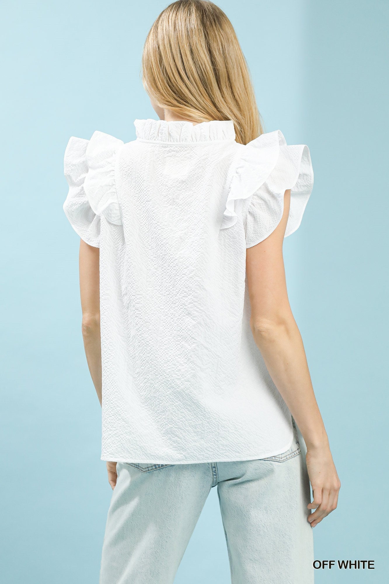 White Textured Ruffle Sleeve V-Neck Blouse - Plus Size Available