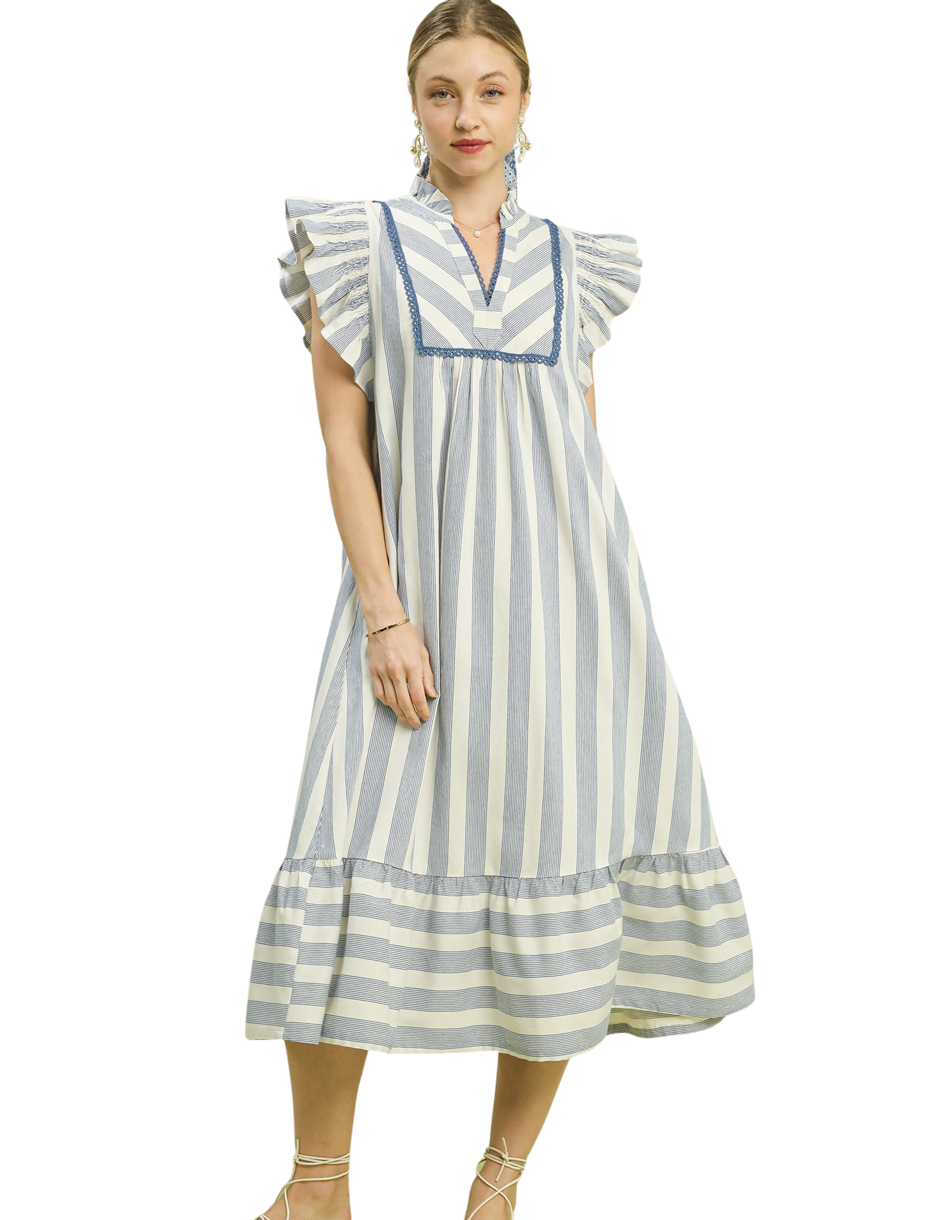 Willow stripe tiered midi dress with ruffle sleeves and split V-neck | JSQ Mercantile – a women’s boutique and gift shop in La Grange, IL