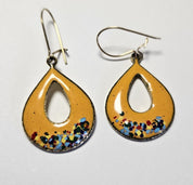 Vintage Yellow Teardrop Shaped Enamel Earrings with Flowers