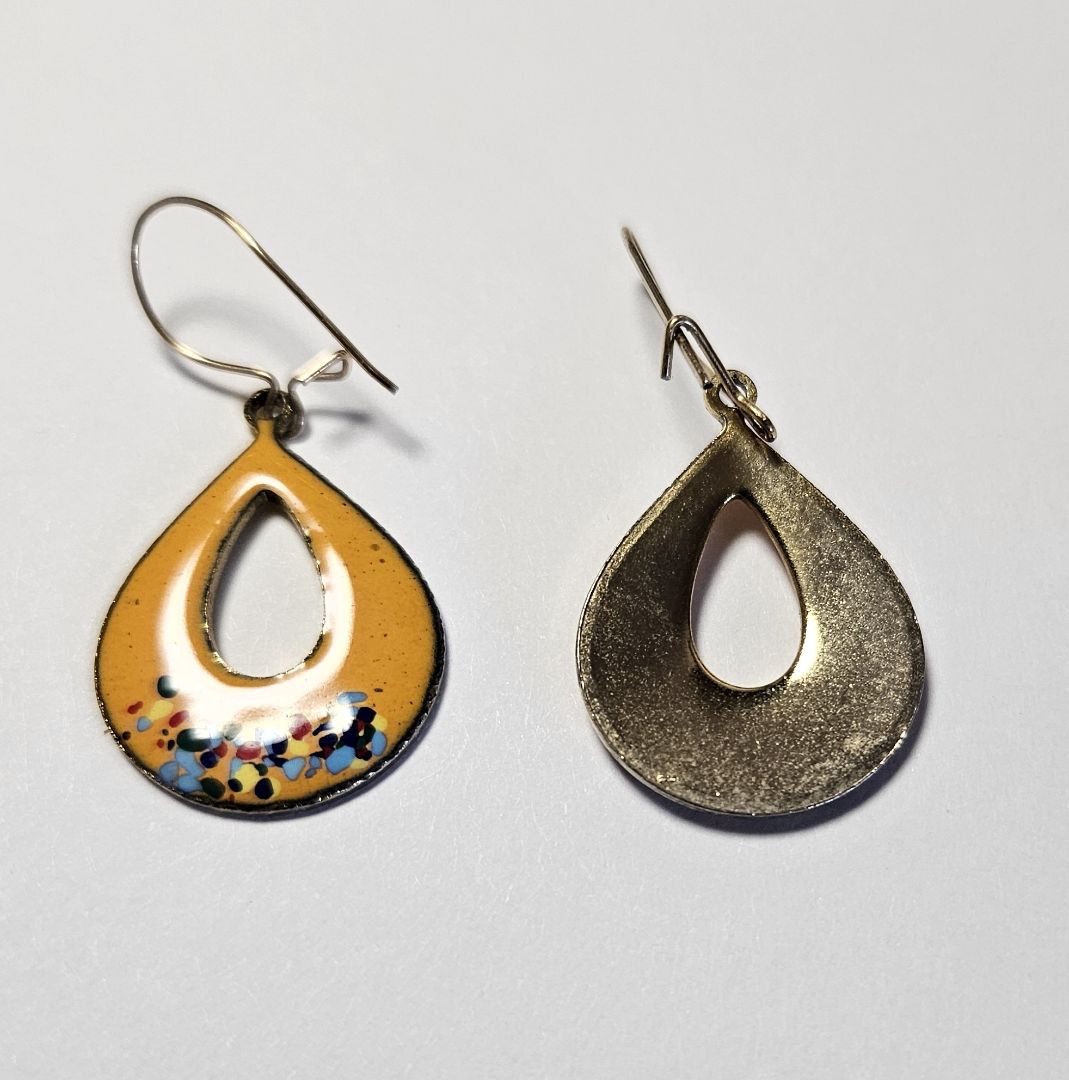 Vintage Yellow Teardrop Shaped Enamel Earrings with Flowers