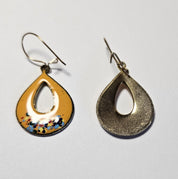 Vintage Yellow Teardrop Shaped Enamel Earrings with Flowers