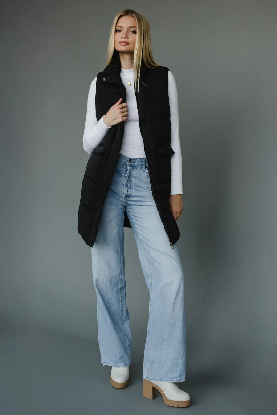 Black Long Puffer Vest – Women’s Quilted Fall & Winter Vest