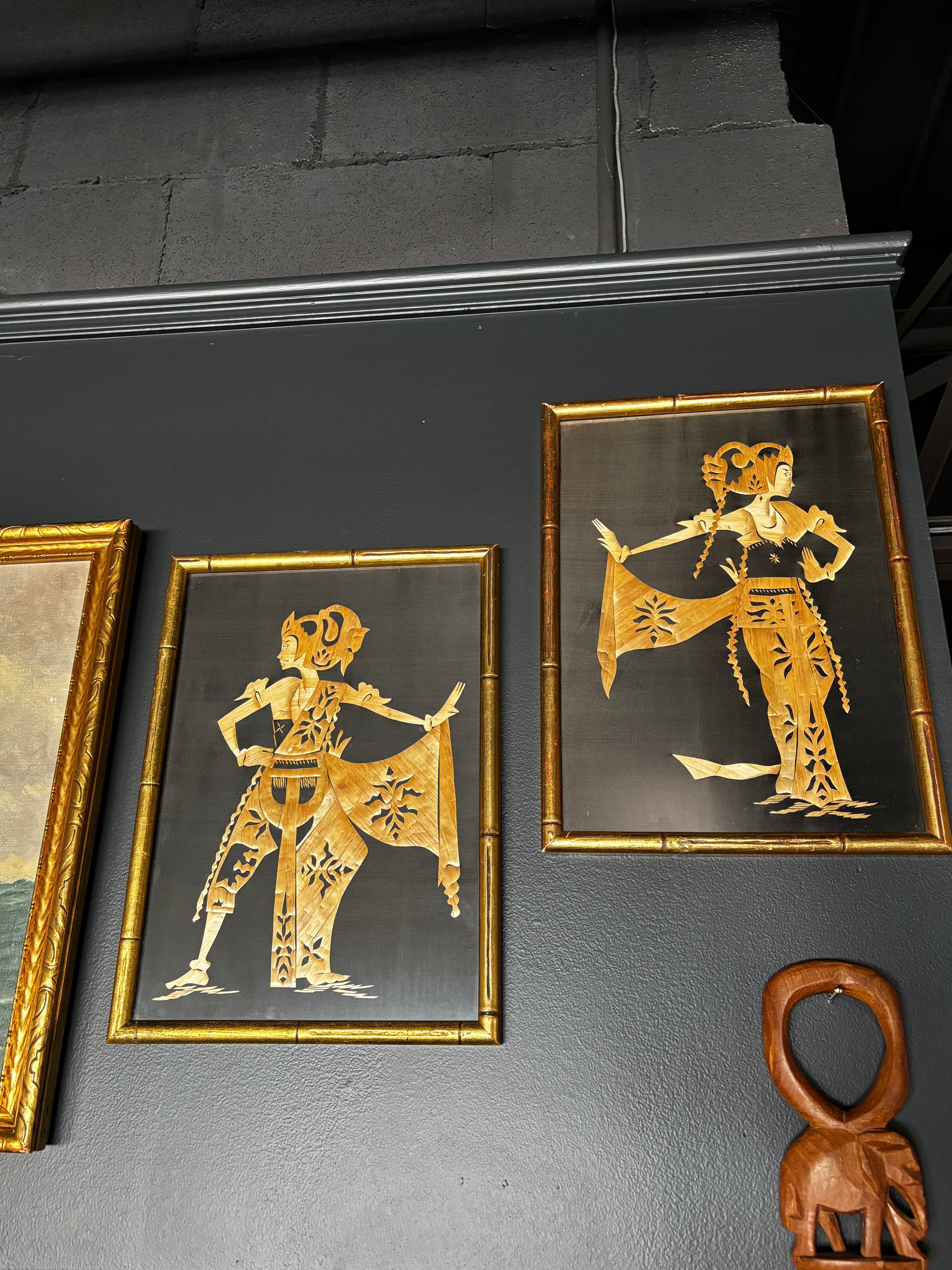 vintage Asian straw art in gold bamboo style frame