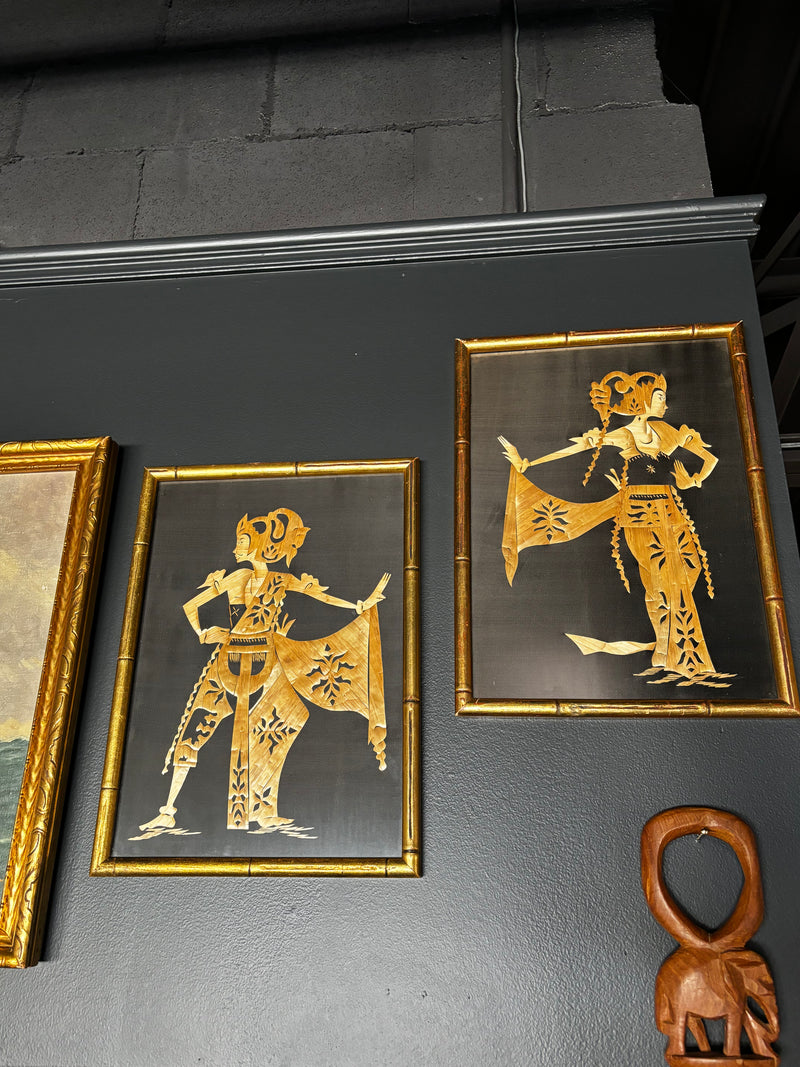 vintage Asian straw art in gold bamboo style frame — alternate view