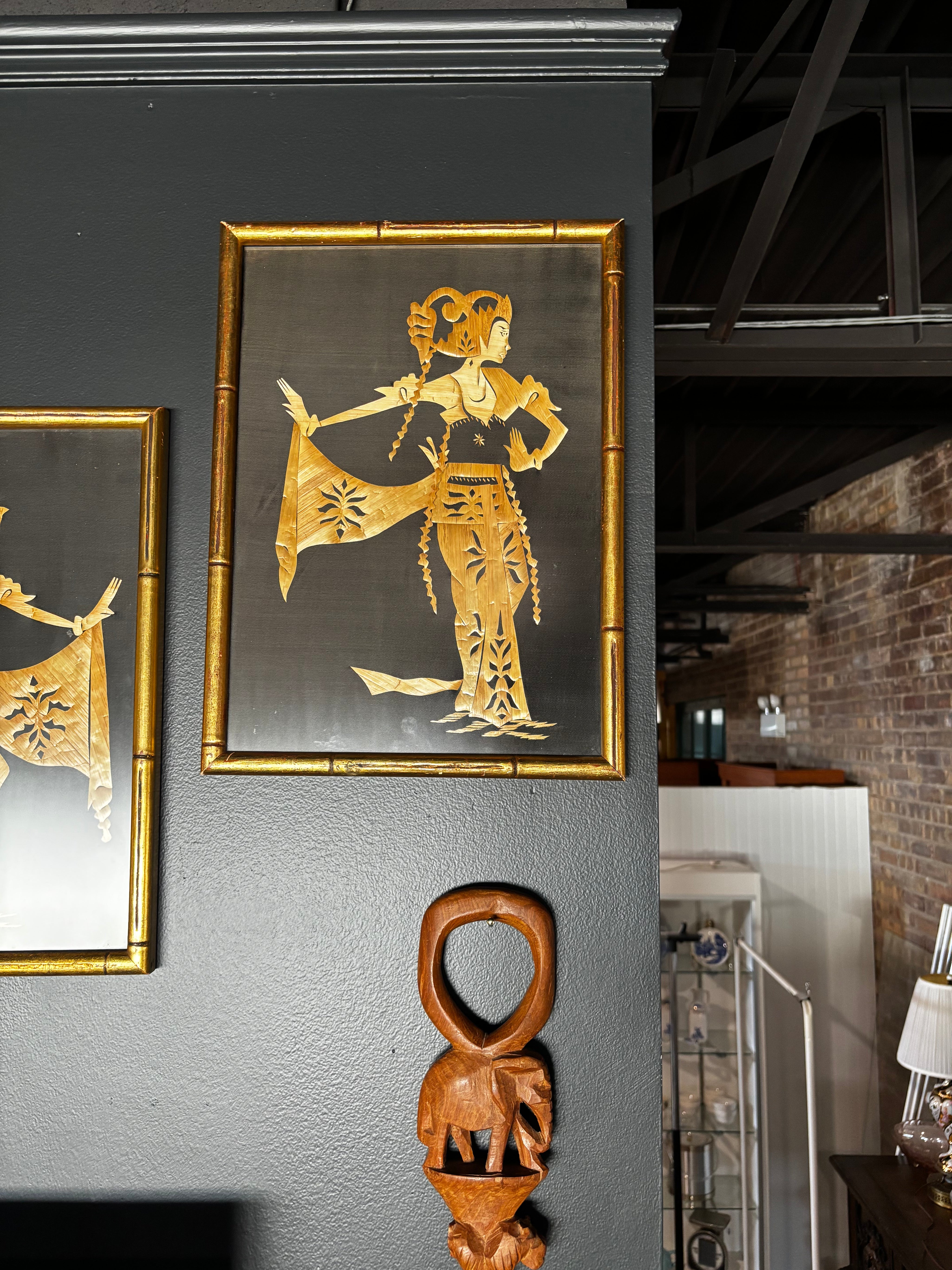 vintage Asian straw art in gold bamboo style frame