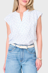 Blue Print Cap Sleeve Notch Neck Blouse