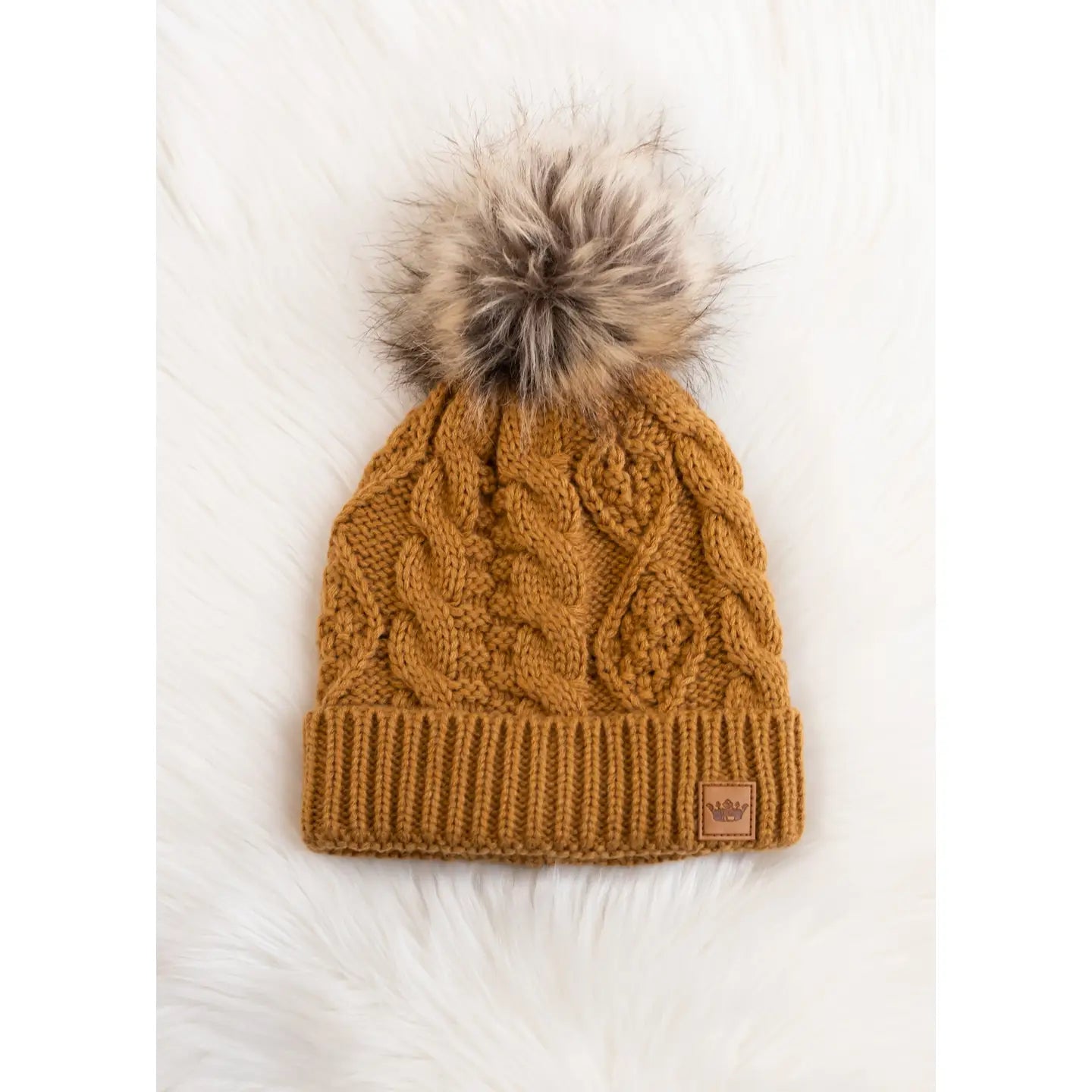 Fleece Lined Cable Knit Hat - Camel Tan