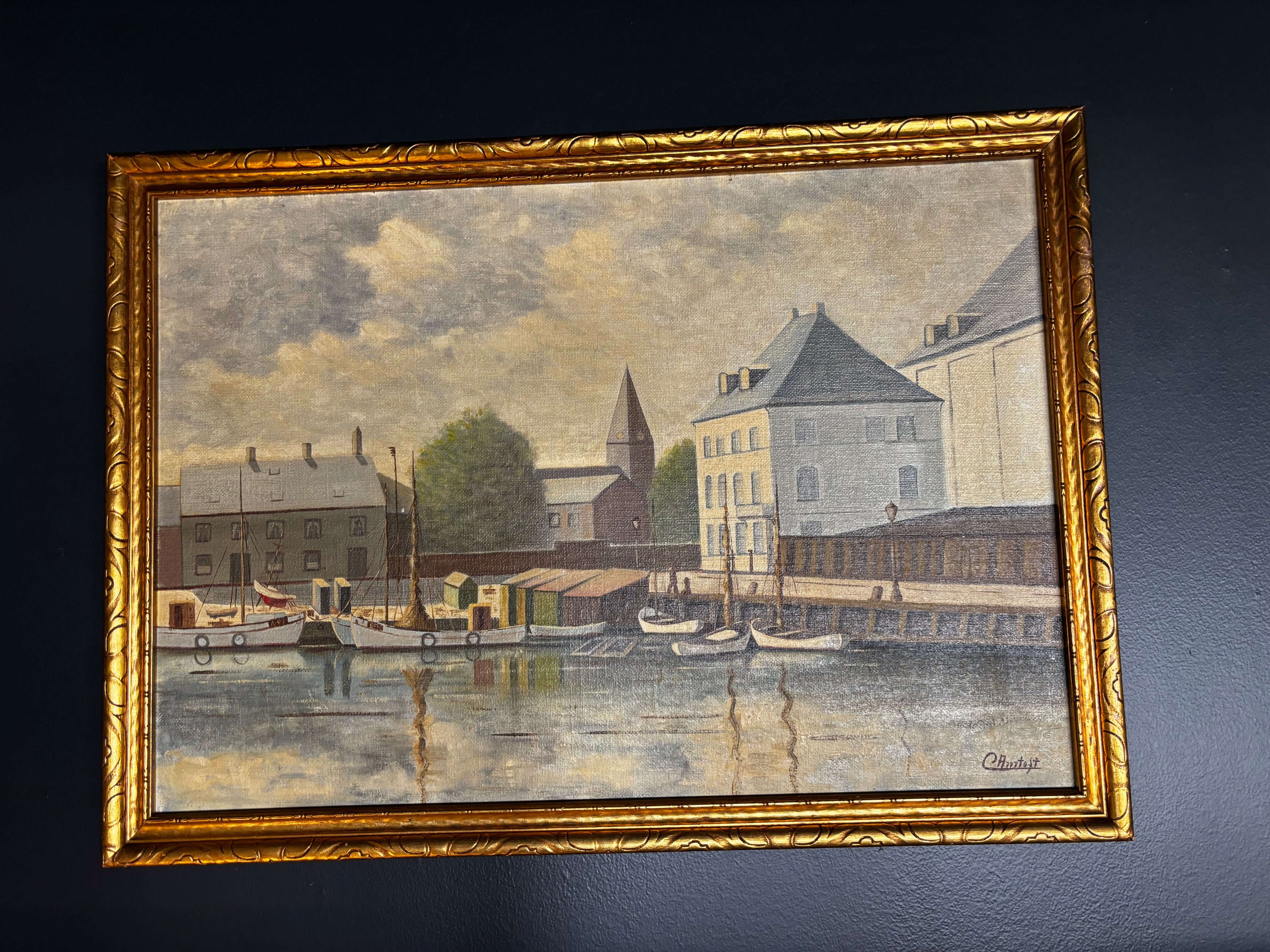 mcm Danish canal scene painting by Ernst Antoft in gold frame