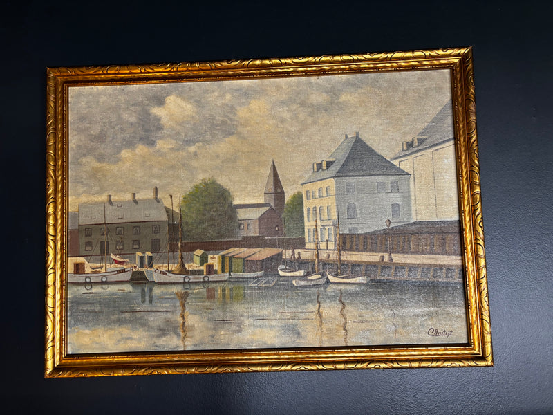 mcm Danish canal scene painting by Ernst Antoft in gold frame by 603 - Mavis Estate Edit