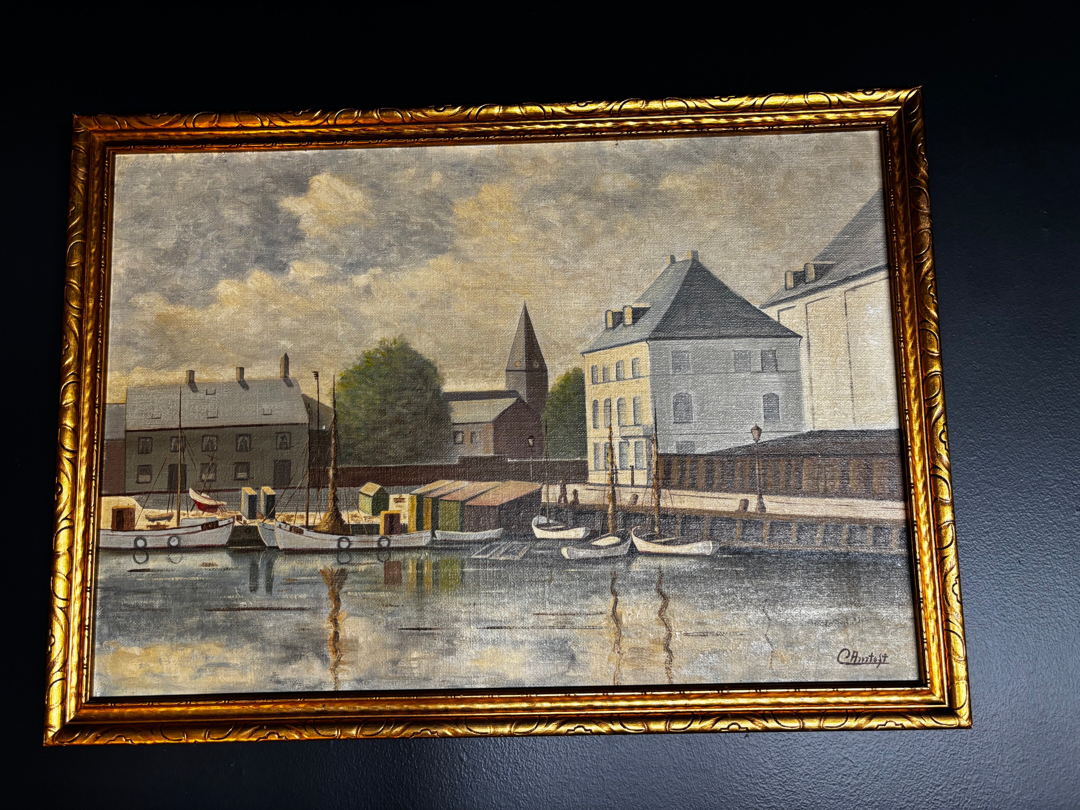 mcm Danish canal scene painting by Ernst Antoft in gold frame