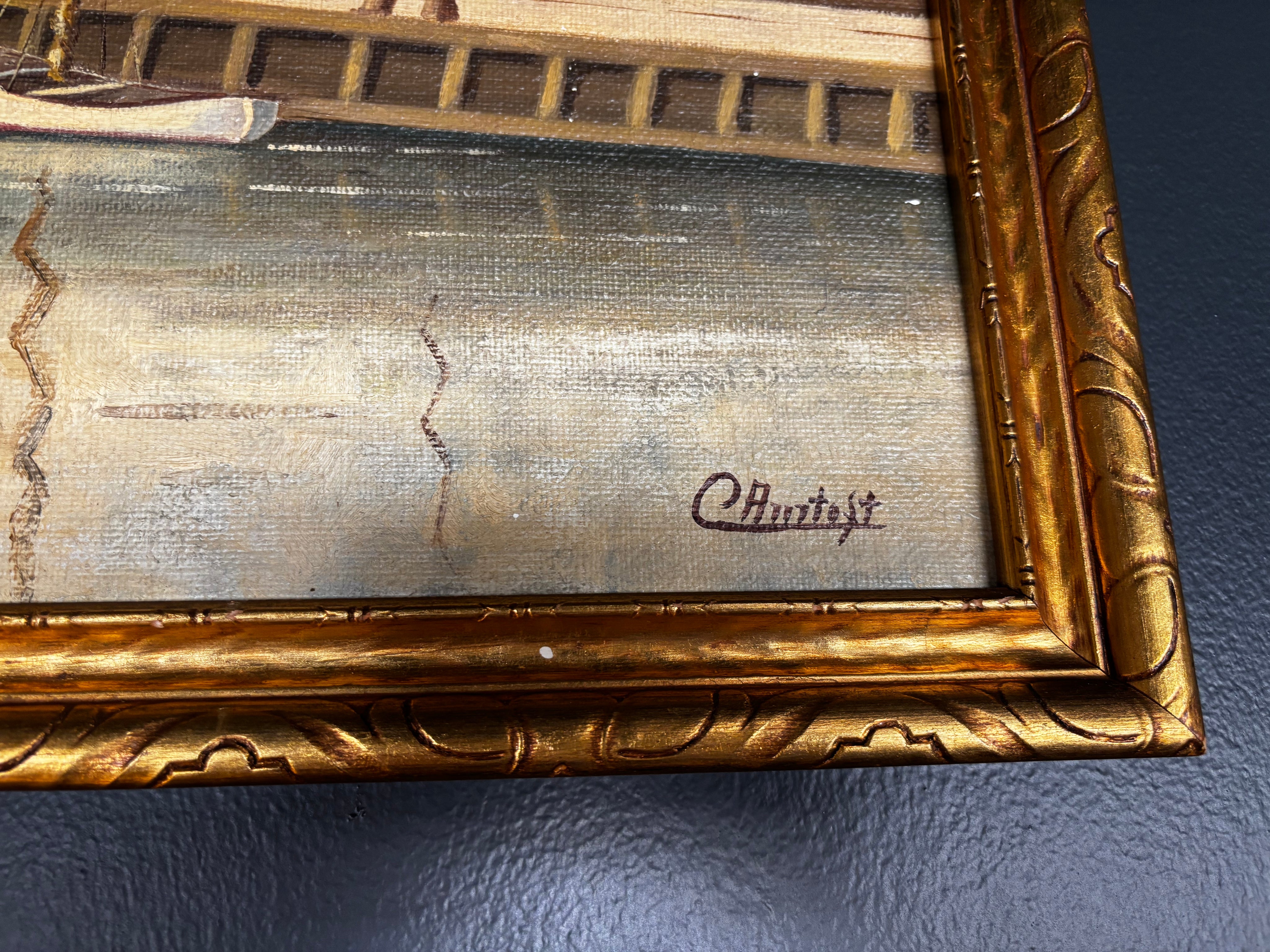 mcm Danish canal scene painting by Ernst Antoft in gold frame