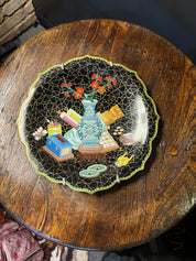 vintage 20th century Cloisonne brass trimmed Chinese enamel plate with scalloped trim
