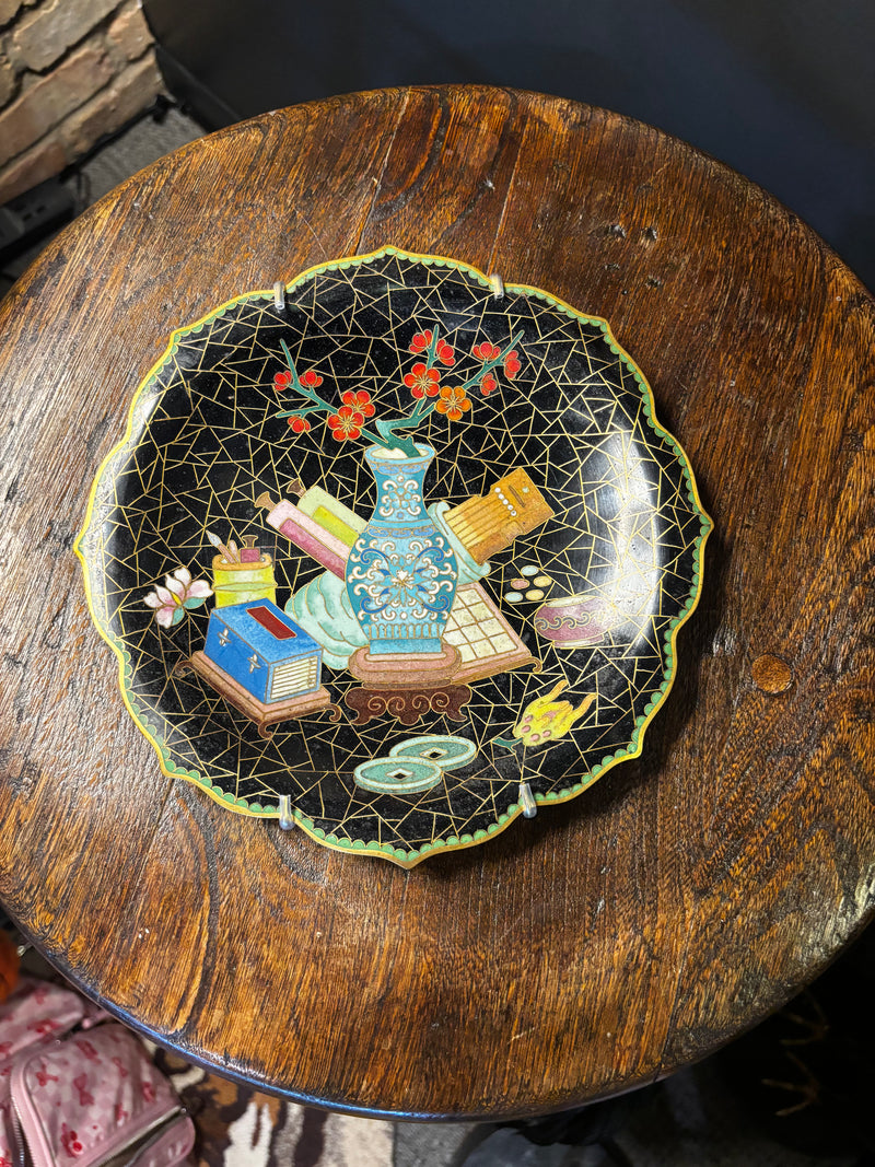 vintage 20th century Cloisonne brass trimmed Chinese enamel plate with scalloped trim by 603 - Mavis Estate Edit
