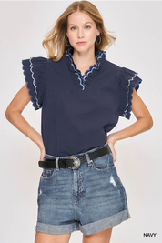 Navy Cotton Scallop Trim Ruffle Sleeve Top – Available in Plus Size!