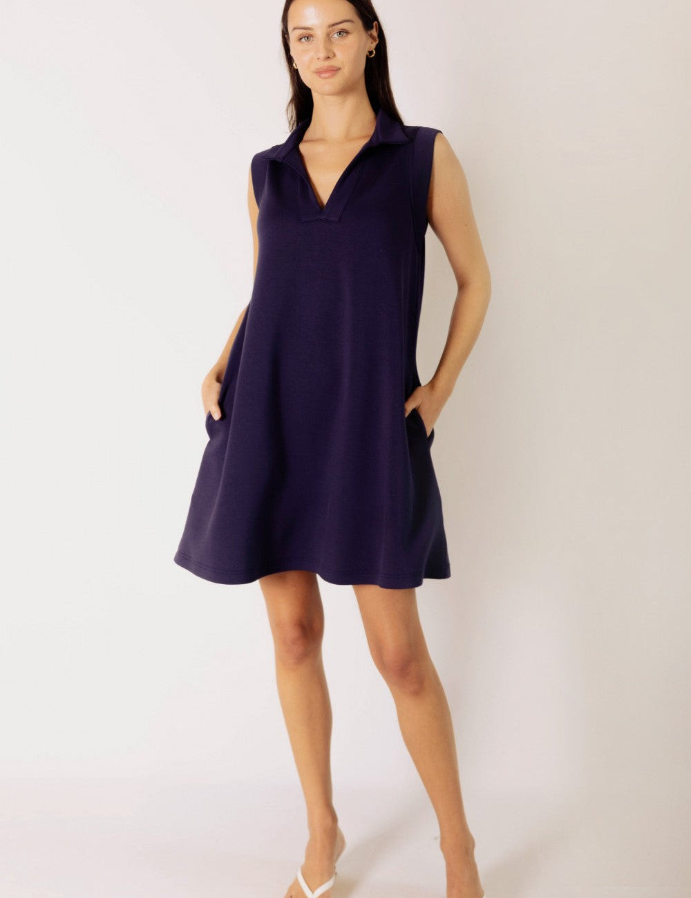 Sleeveless butter modal tennis dress with collared V-neckline and relaxed shift silhouette, JSQ Mercantile – a women’s boutique and gift shop in La Grange, IL.