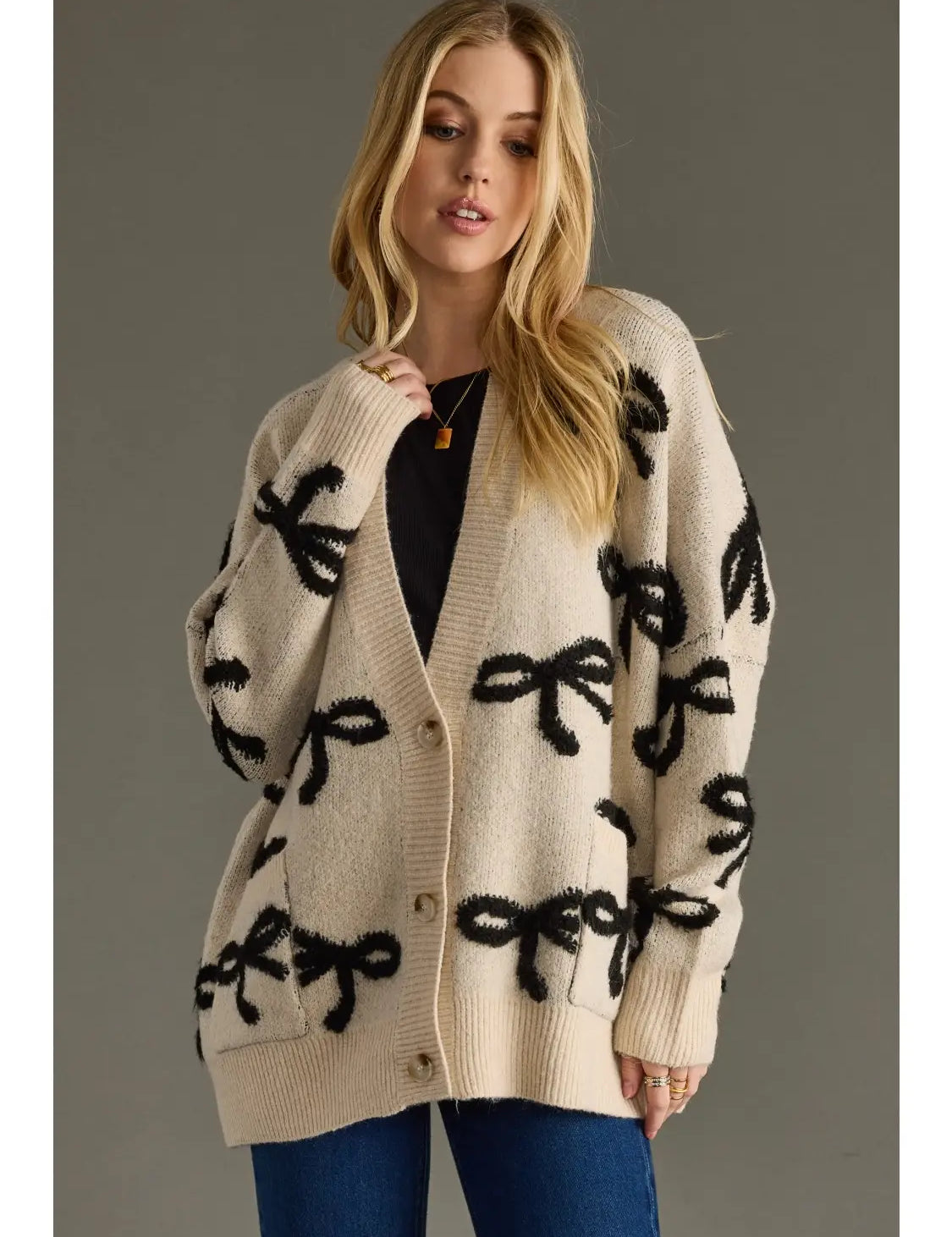 Cream Bow Cardigan – Women’s Knit Sweater with Black Bows | JSQ Mercantile