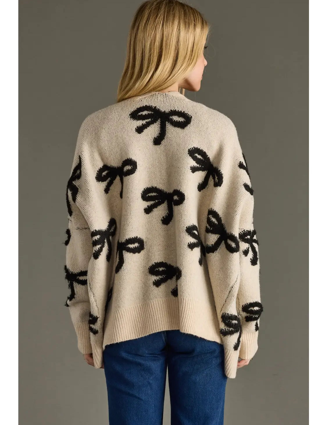 Cream Bow Cardigan – Women’s Knit Sweater with Black Bows | JSQ Mercantile