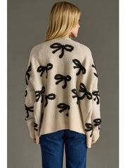 Cream Bow Cardigan – Women’s Knit Sweater with Black Bows
