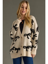 Cream Bow Cardigan – Women’s Knit Sweater with Black Bows - Extra Large