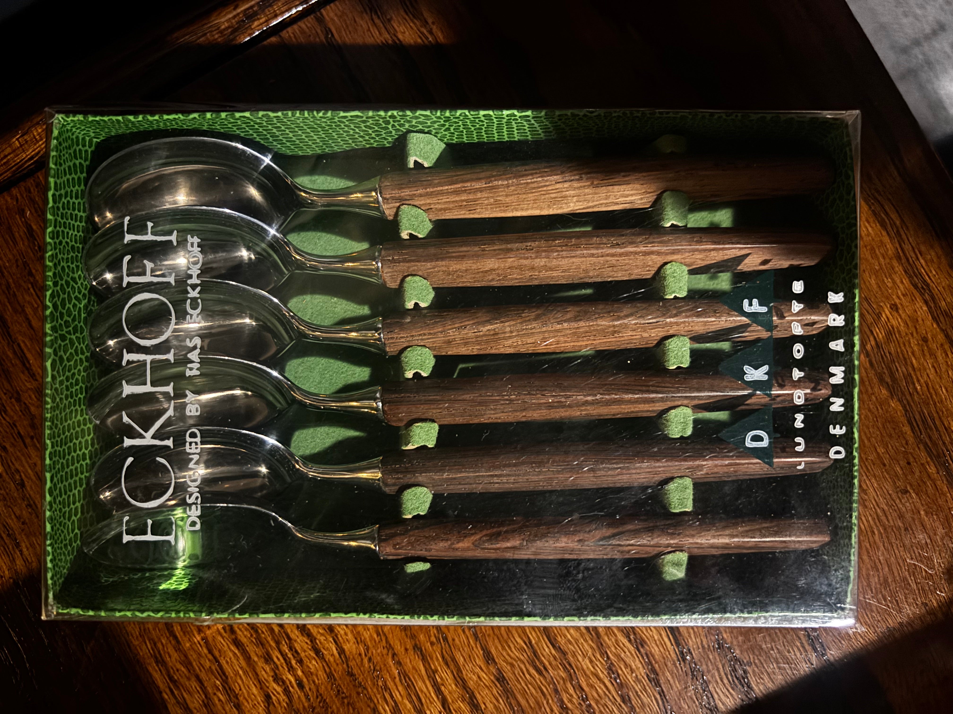 Danish mid-century modern flatware by Tias Eckhoff, 4 boxes of sets of 6