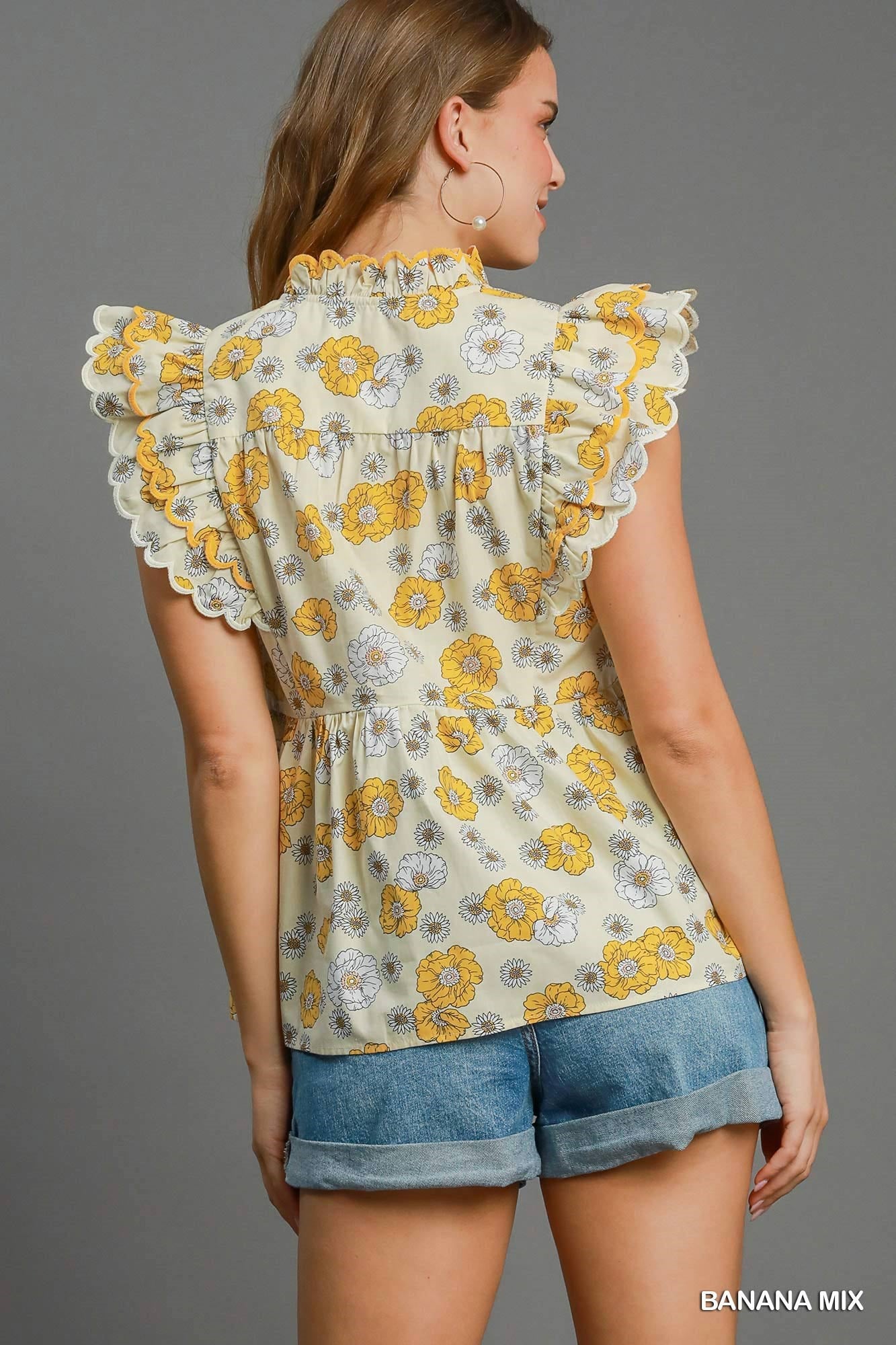 Floral Print Scalloped Sleeve Peplum Cotton Top