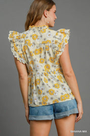 Floral Print Scalloped Sleeve Peplum Cotton Top