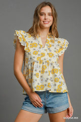 Floral Print Scalloped Sleeve Peplum Cotton Top