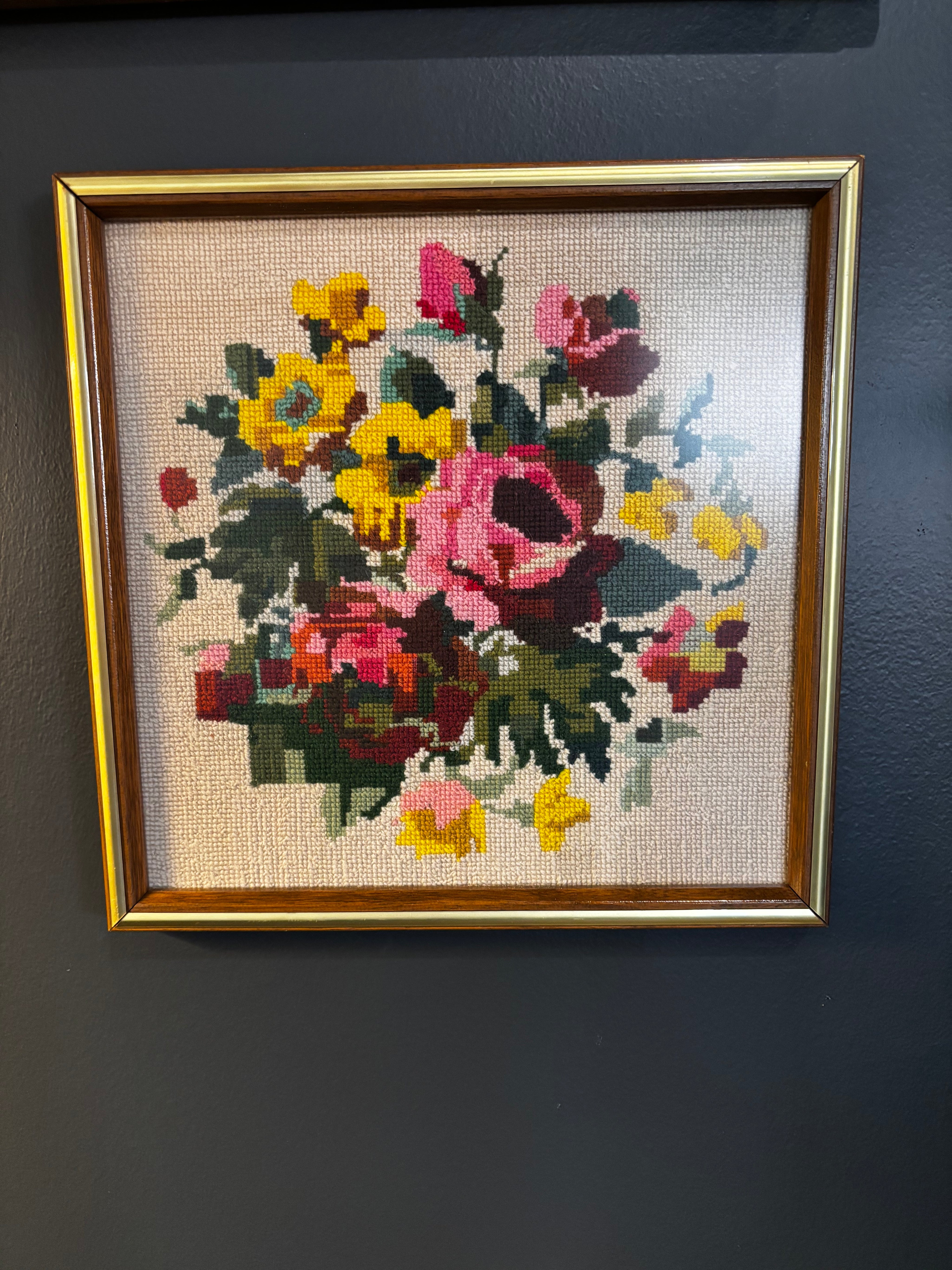 framed vintage floral needlepoint