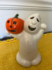 Vtg Ceramic Ghost Pumpkin Votive Holder