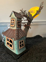 Vtg Metal Halloween Haunted House Votive Holder