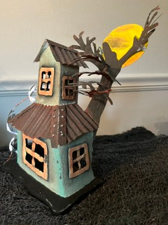 Vtg Metal Halloween Haunted House Votive Holder
