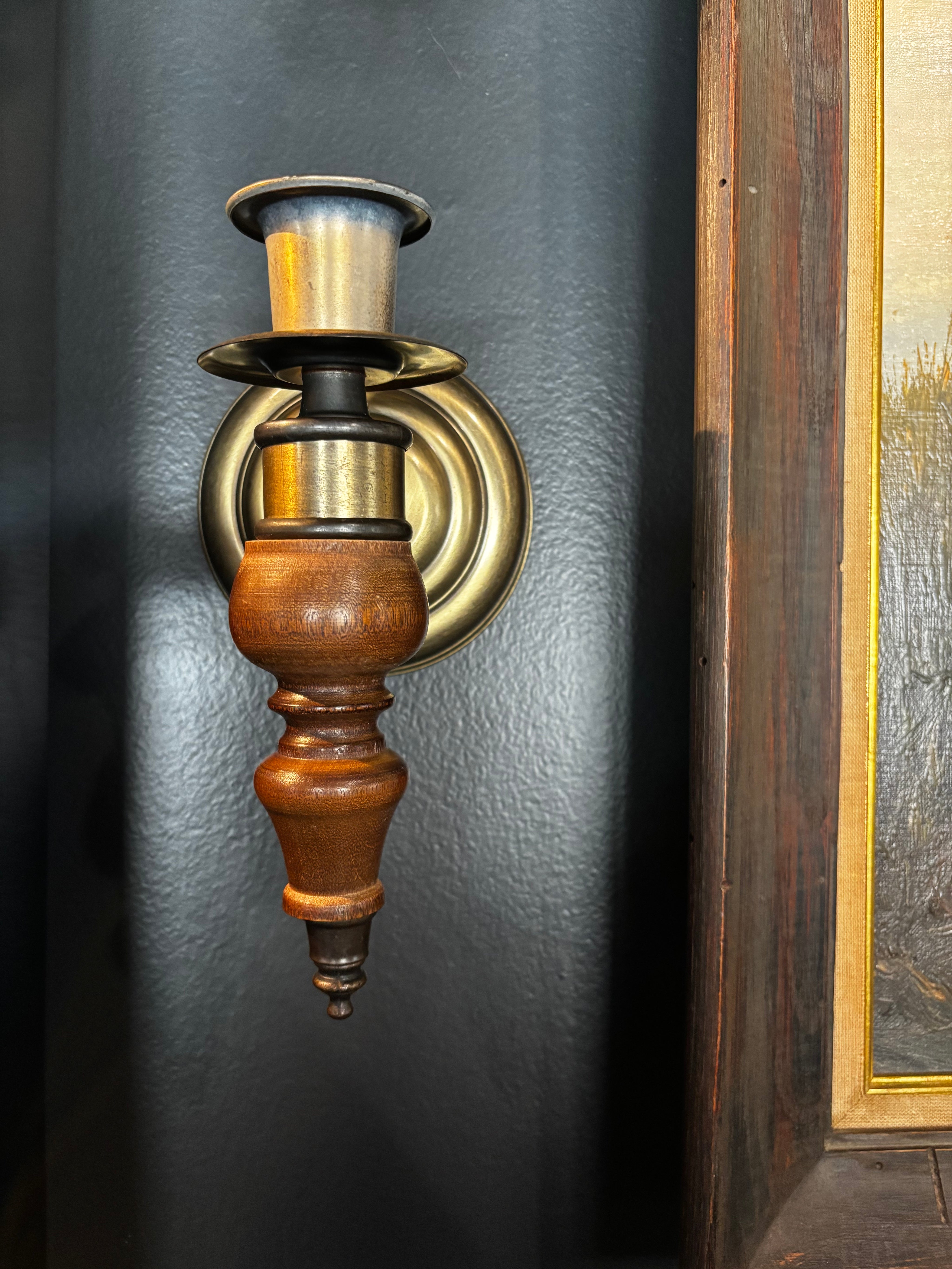 vintage Homco brass and wood candle wall sconce, set of 2