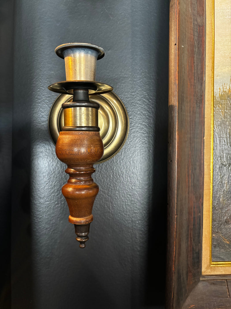 vintage Homco brass and wood candle wall sconce, set of 2 — alternate view