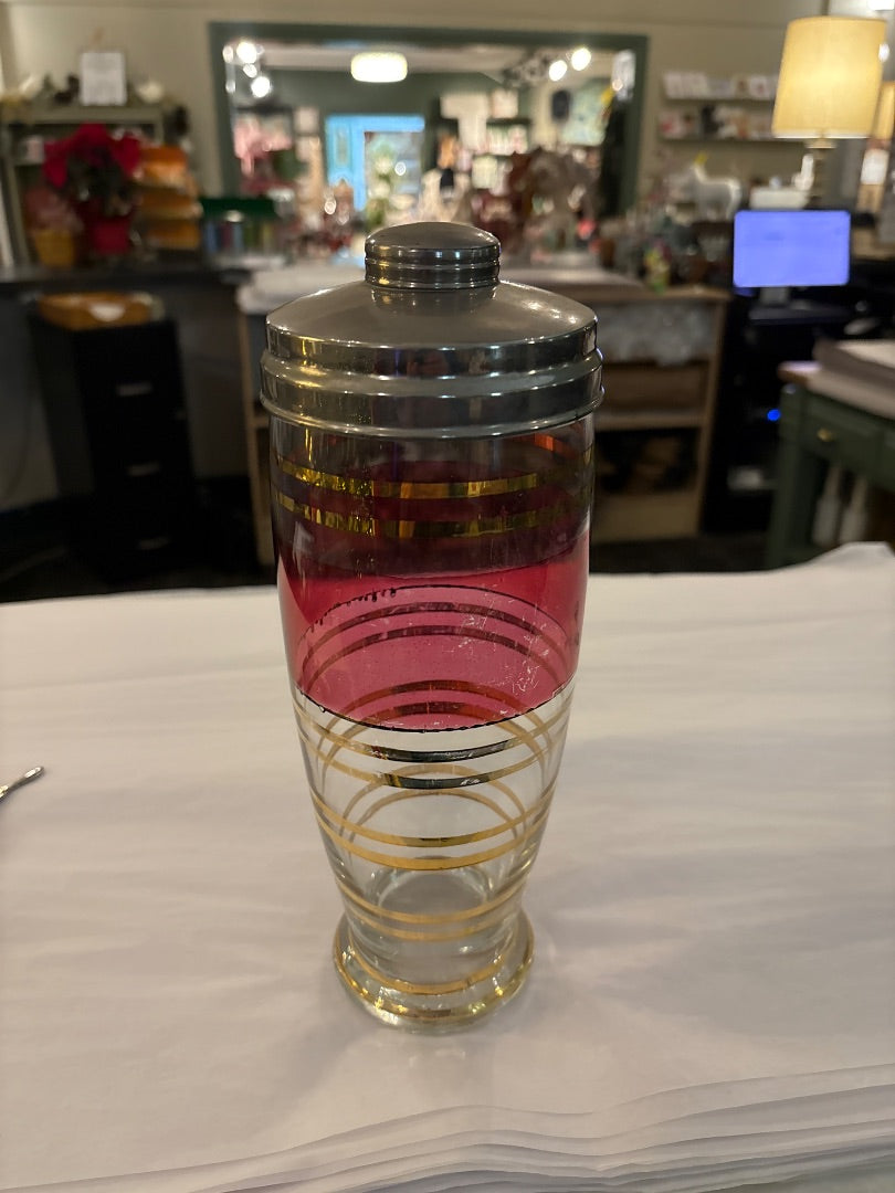 Vintage Cranberry Glass & Gold Striped Cocktail Shaker