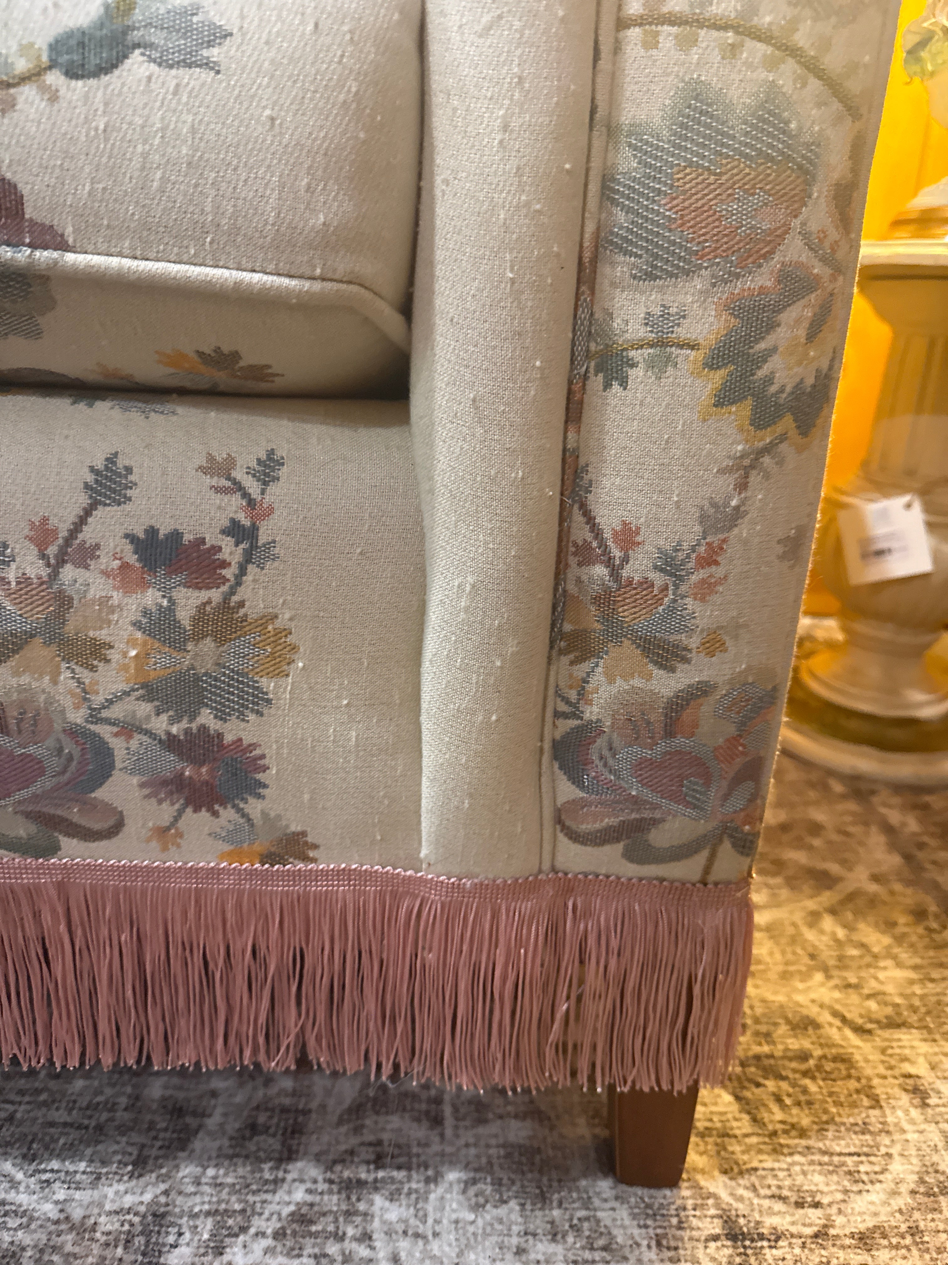 Vtg Ethan Allen love seat sofa, back left leg repaired