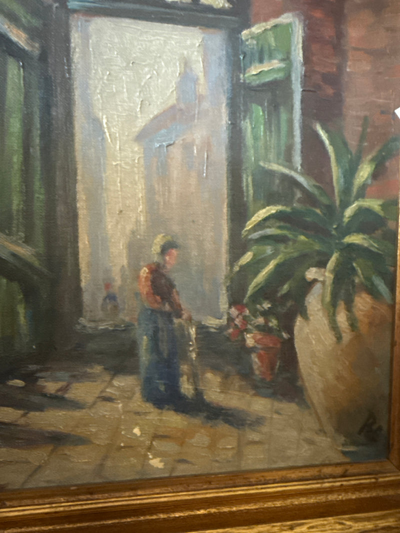 Vtg gold Framed oil painting of woman in courtyard — alternate view