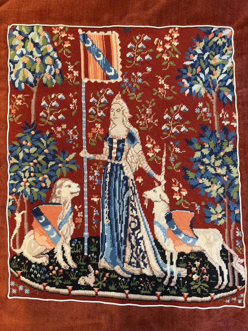 Vintage Lady and the Unicorn Needlepoint Tapestry, Finished Hand Embroidered Medieval Wall Hanging Art — alternate view