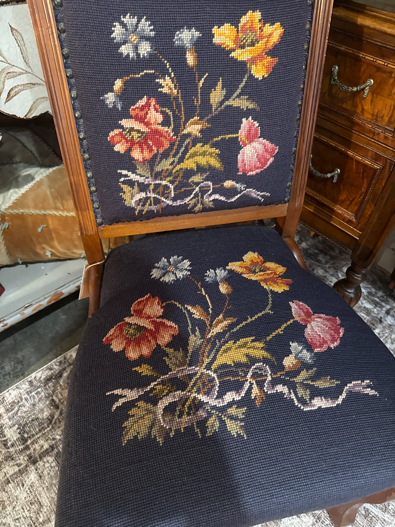 Antique Eastlake Blue floral needle point chair with front wheels — alternate view