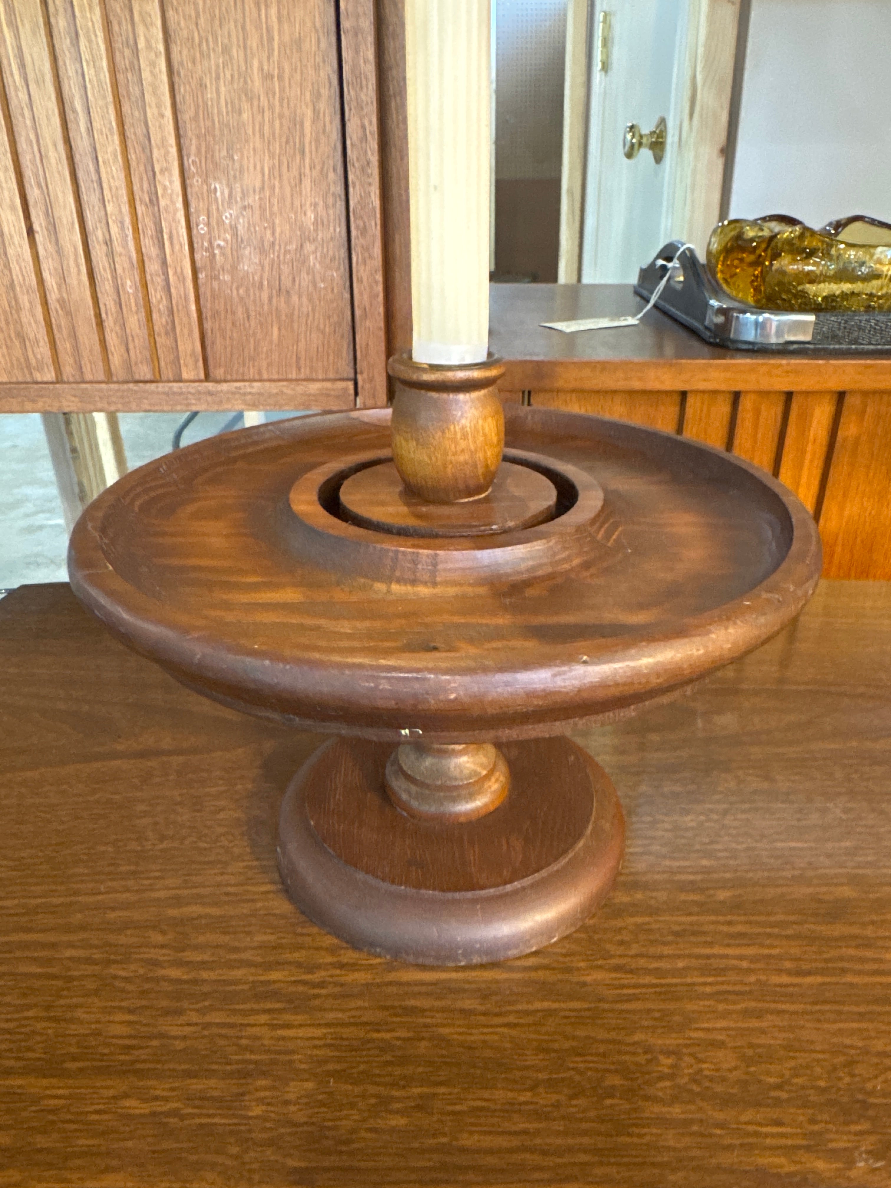 Vintage, hand tuned wood candle holder ( wide )