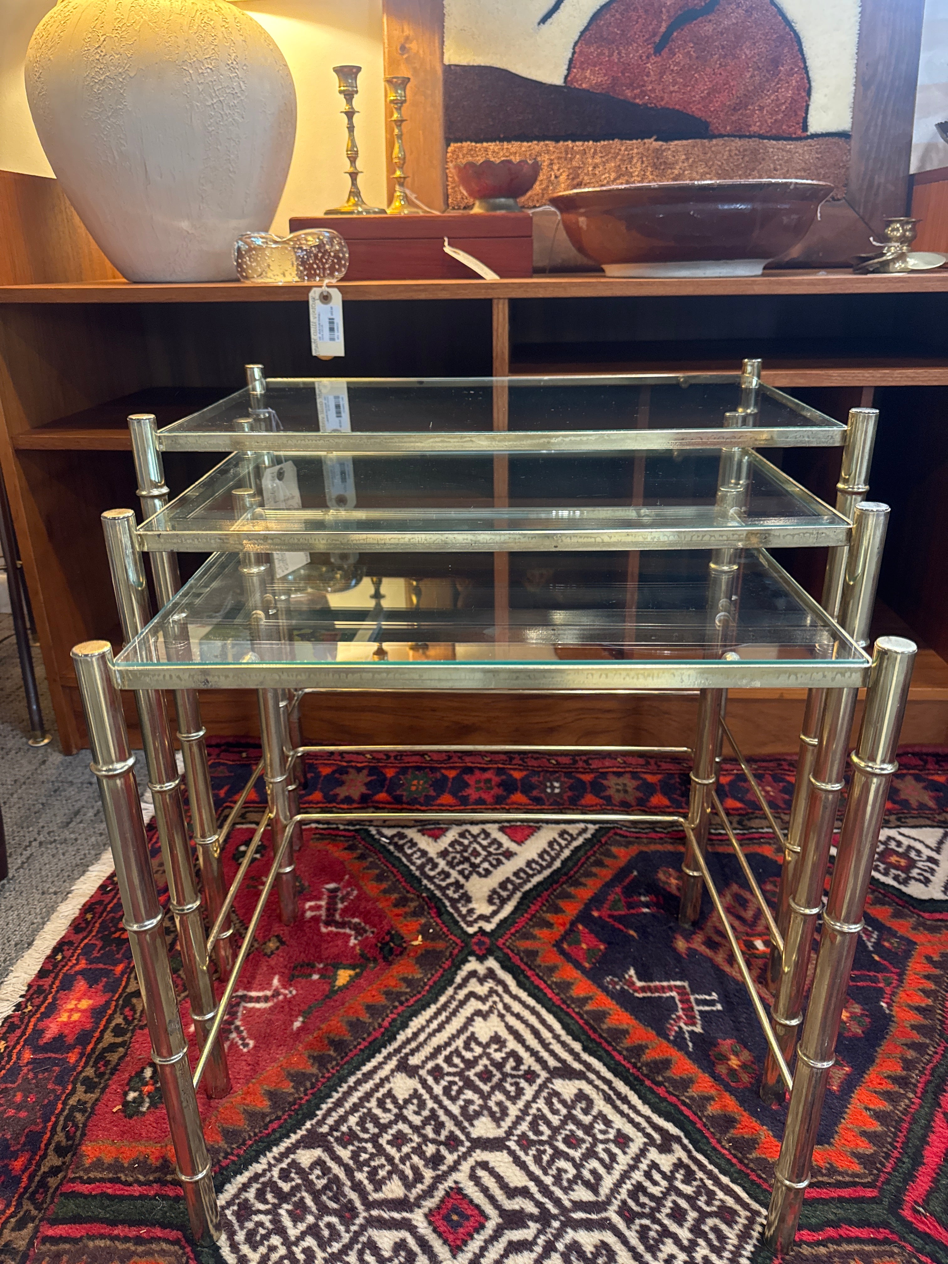 Vintage, brass & faux Bamboo nesting tables ( set of 3 )