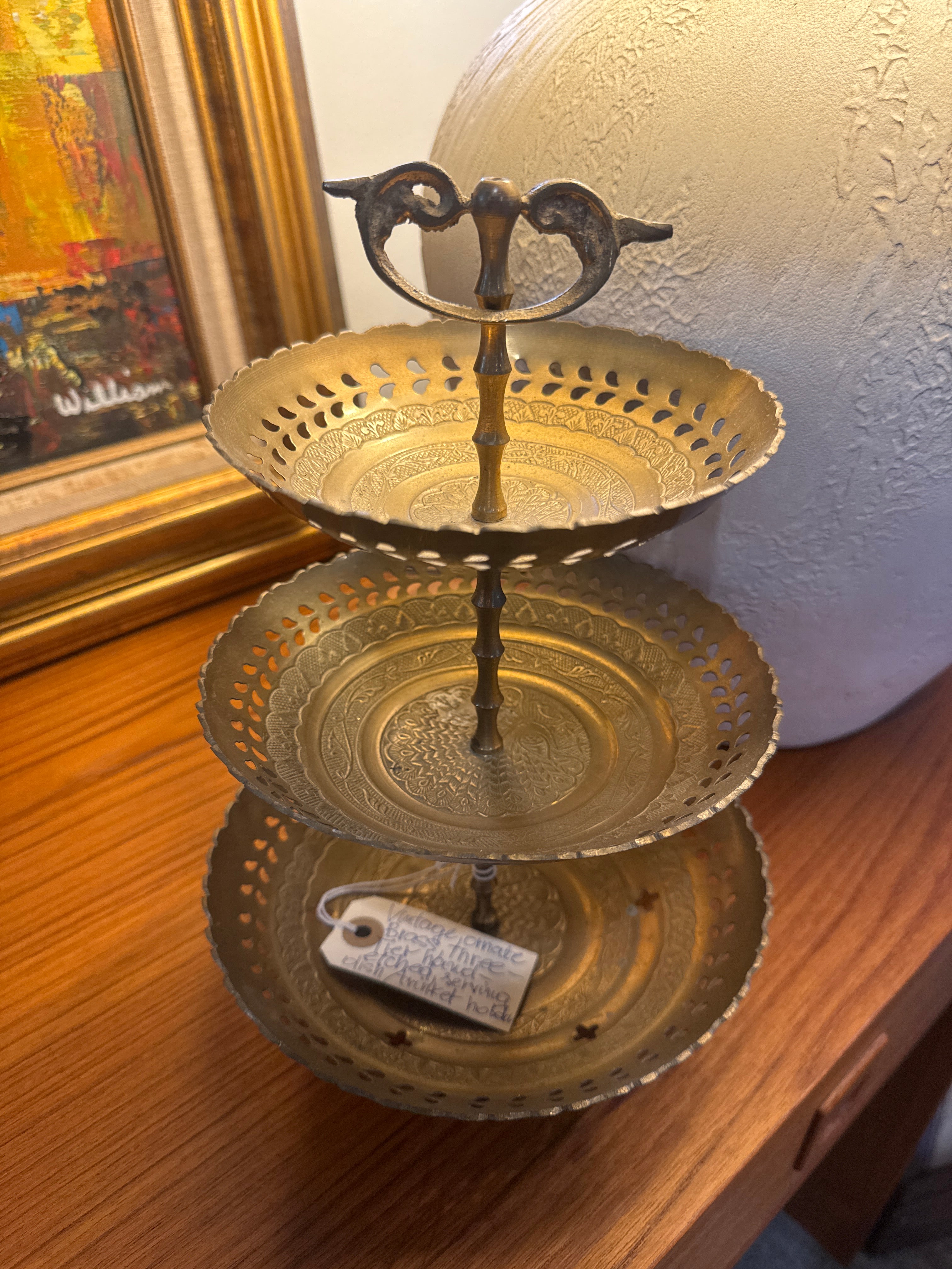Vintage, ornate brass three tier serving dish, trinket holder